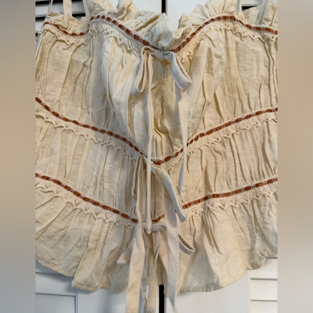 Cream Ruffled Women's Top with Ribbon Details - Picture 3 of 5